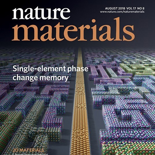 Cover of Nature Materials magazine (August 2018) featuring colorful 3D models of atoms arranged in maze-like patterns, illustrating the concept of single-element phase change memory.