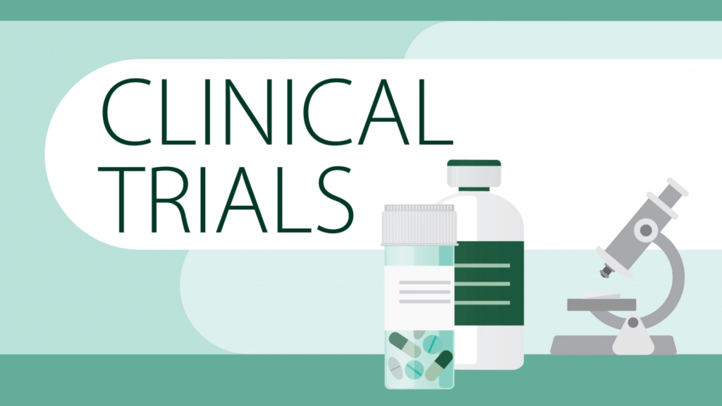 Bottles with a microscope in a 2D style with Clinical Trials written in text